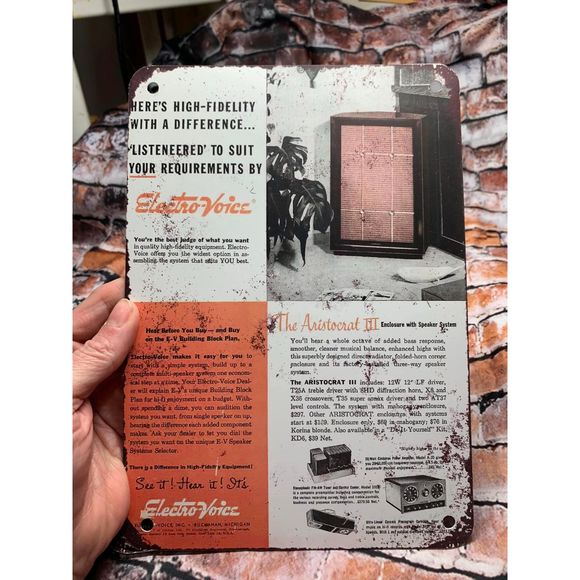 Vintage Metal Advertising Sign Electro-Voice Aristocrat 3 Metal 10 X 7 Distress - Picture 1 of 1